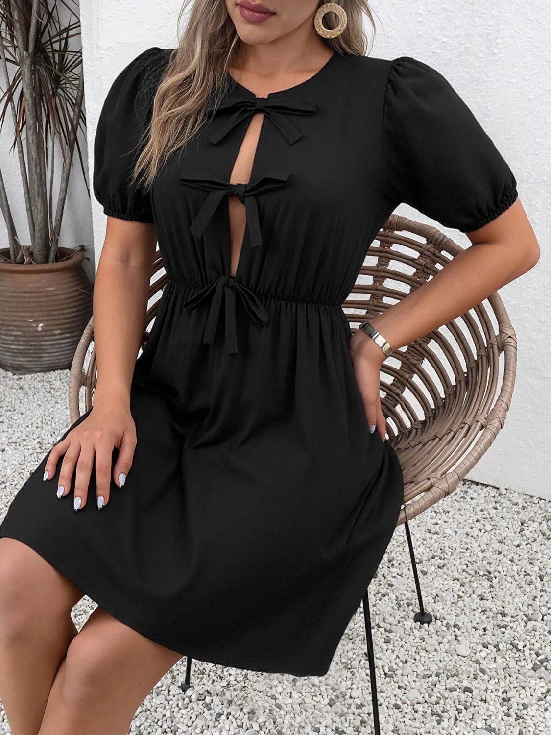 Tie Front Puff Sleeve Mini Dress - JUST - JEN BOUTIQUE