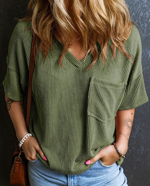 Fashion Two tone Twist Shot Pullover Short Sleeve V - neck Top Women's Shirt - JUST - JEN BOUTIQUE
