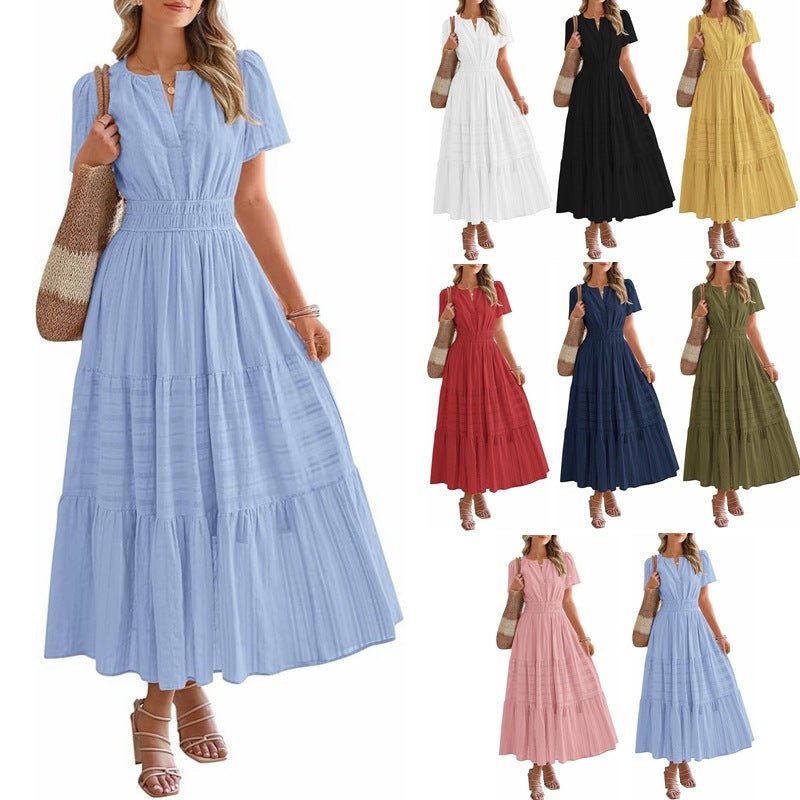 V - neck pleated bubble sleeves large swing short sleeved dress - JUST - JEN BOUTIQUE