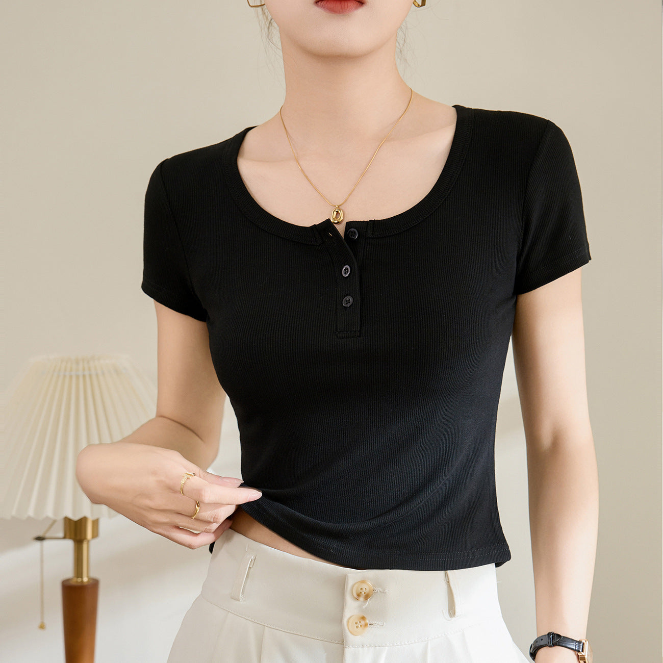Button up U-neck short sleeved top