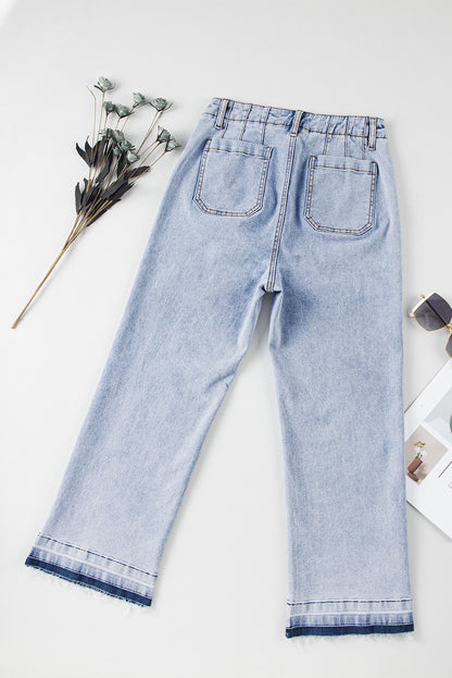 Beau Blue Acid Washed Contrast Hem Pocketed Cropped Jeans