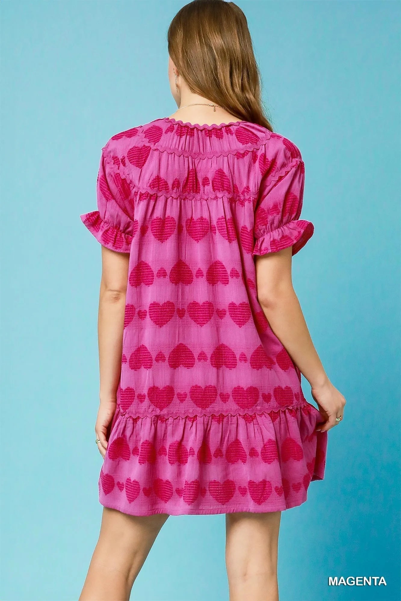 Umgee Heart Pattern Short Sleeve Ruffle Babydoll Dress - JUST - JEN BOUTIQUE