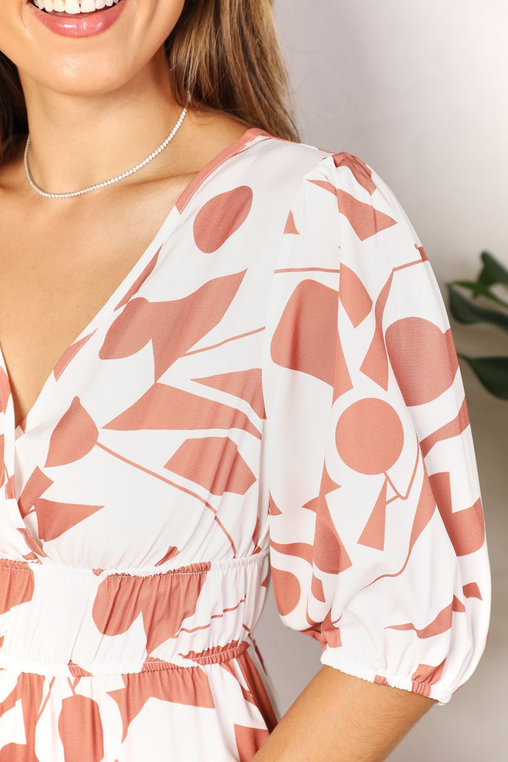 Printed Surplice Balloon Sleeve Dress - JUST - JEN BOUTIQUE