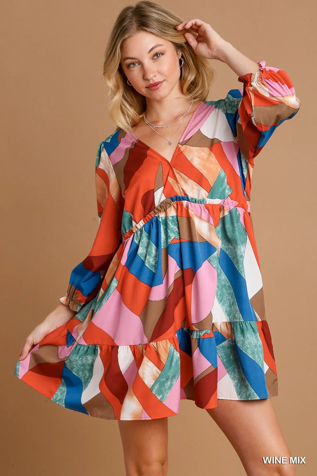 Umgee Abstract V - Neck Tiered Printed Dress - JUST - JEN BOUTIQUE