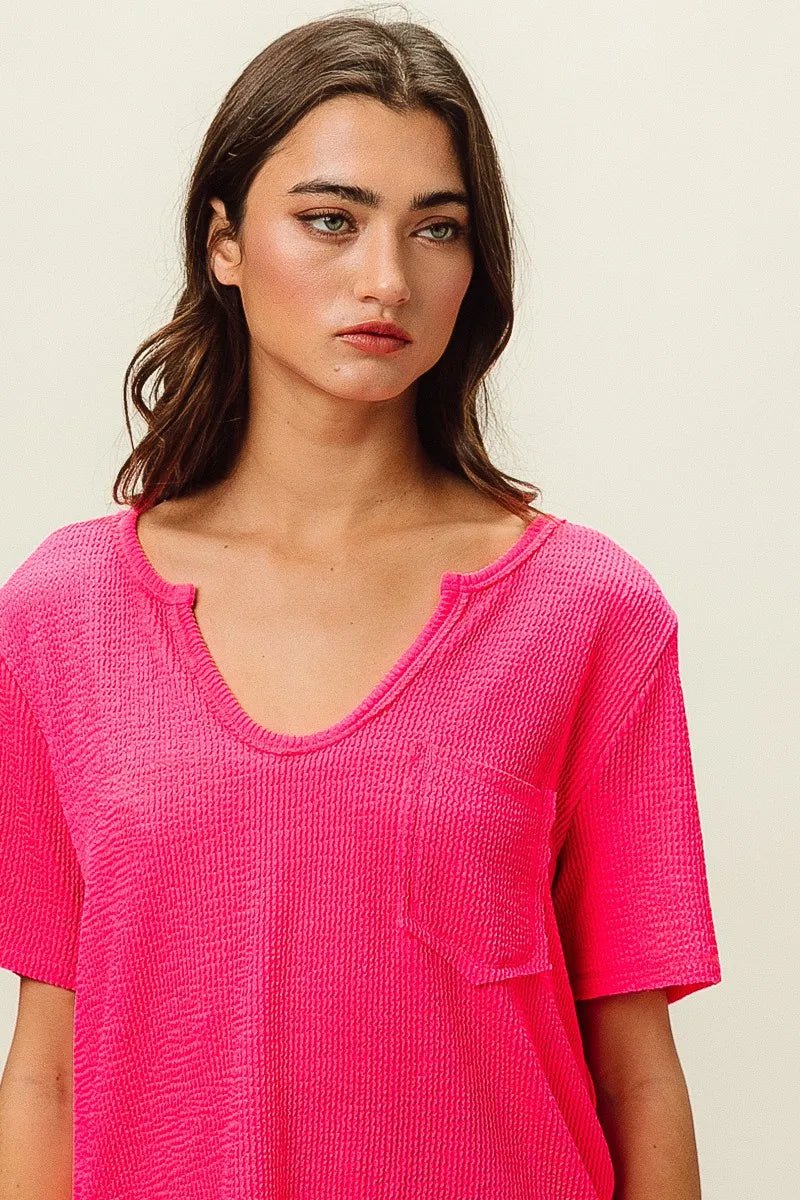 BiBi Waved Rib U Neck Top With Front Pocket - JUST - JEN BOUTIQUE