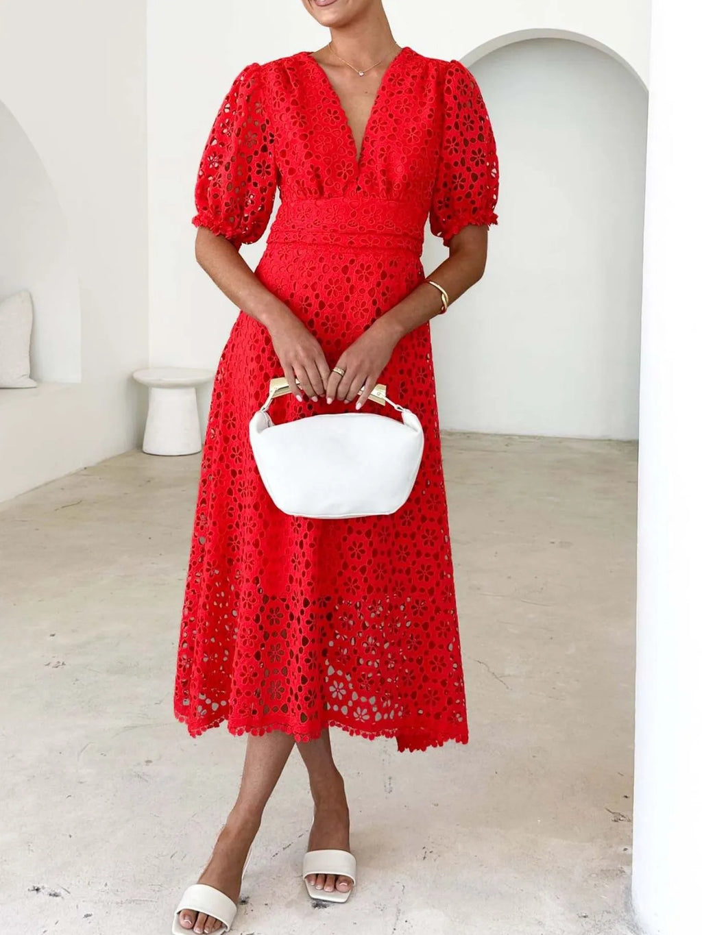Eyelet Lace V - Neck Midi Dress with Puff Sleeves - JUST - JEN BOUTIQUE