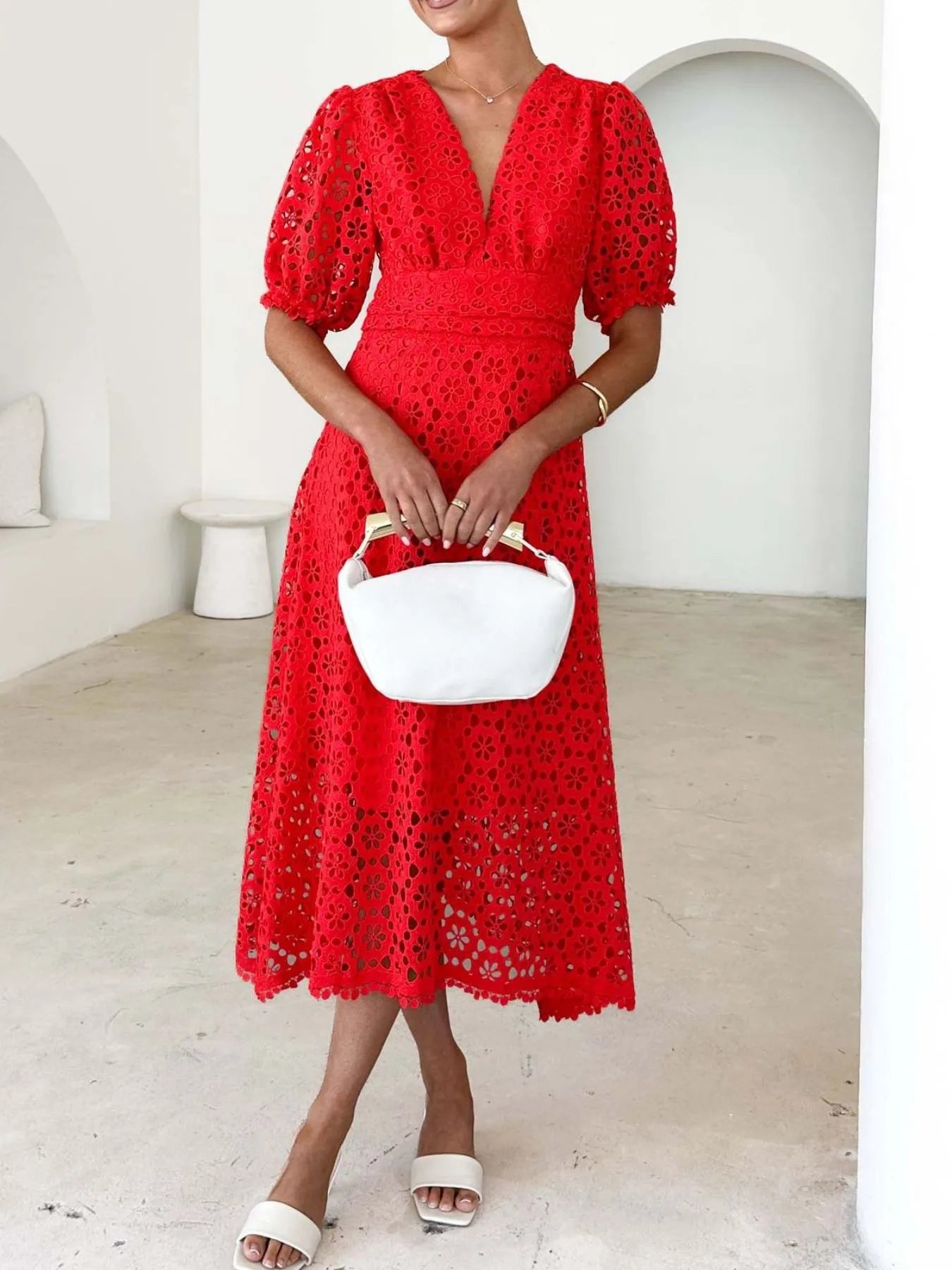 Eyelet Lace V - Neck Midi Dress with Puff Sleeves - JUST - JEN BOUTIQUE