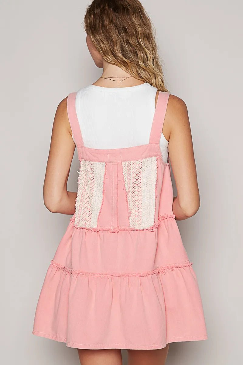 POL Lace Patchwork Detail Denim Overall Dress - JUST - JEN BOUTIQUE