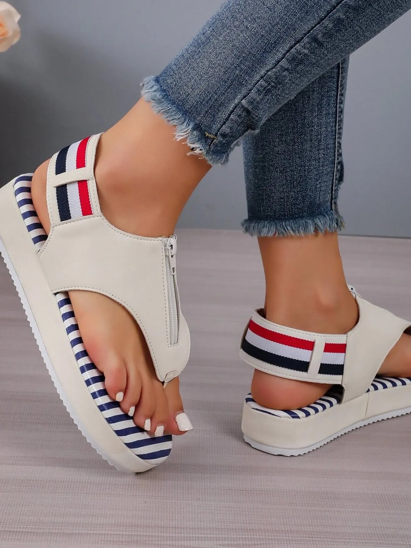 Striped Platform Toe Post Sandals - JUST - JEN BOUTIQUE