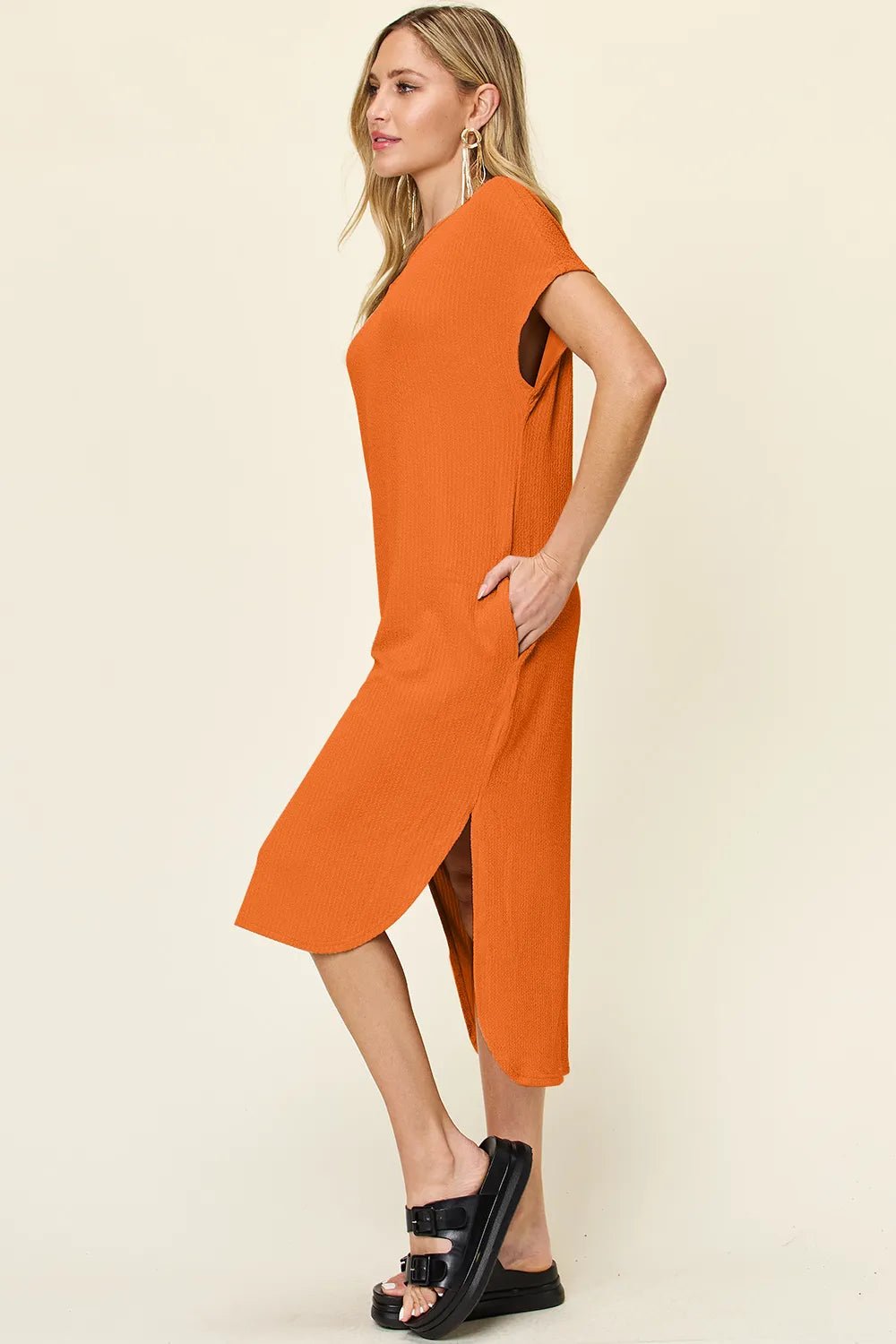 Double Take Full Size Round Neck Short Sleeve Slit Dress - JUST - JEN BOUTIQUE