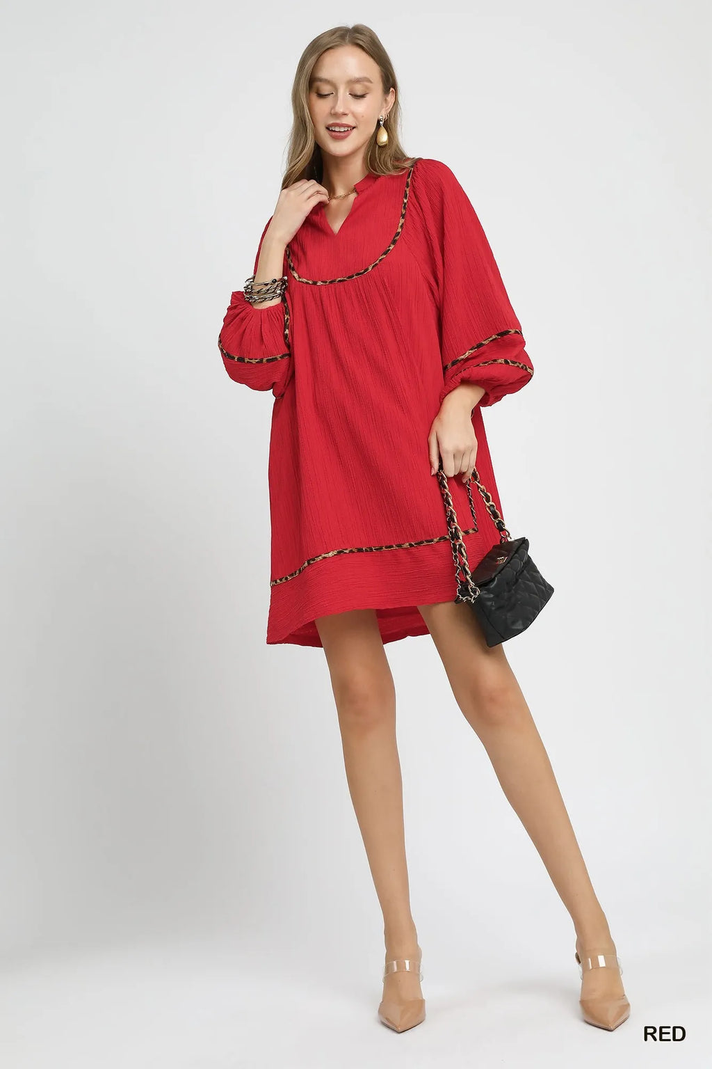 Umgee Textured Babydoll Dress with Leopard Trim - JUST - JEN BOUTIQUE