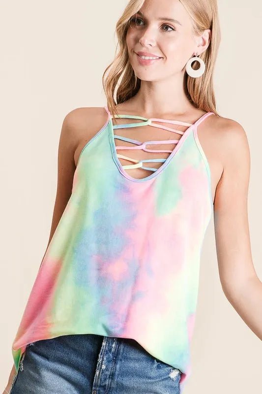 BiBi Tie Dye Terry Caged Neck Knit Camisole - JUST - JEN BOUTIQUE