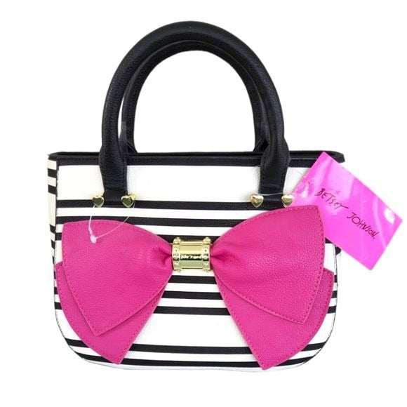 Betsy Johnson Designer Pink Bow Half Moon Stripe Crossbody Satchel Bag  NWT!!