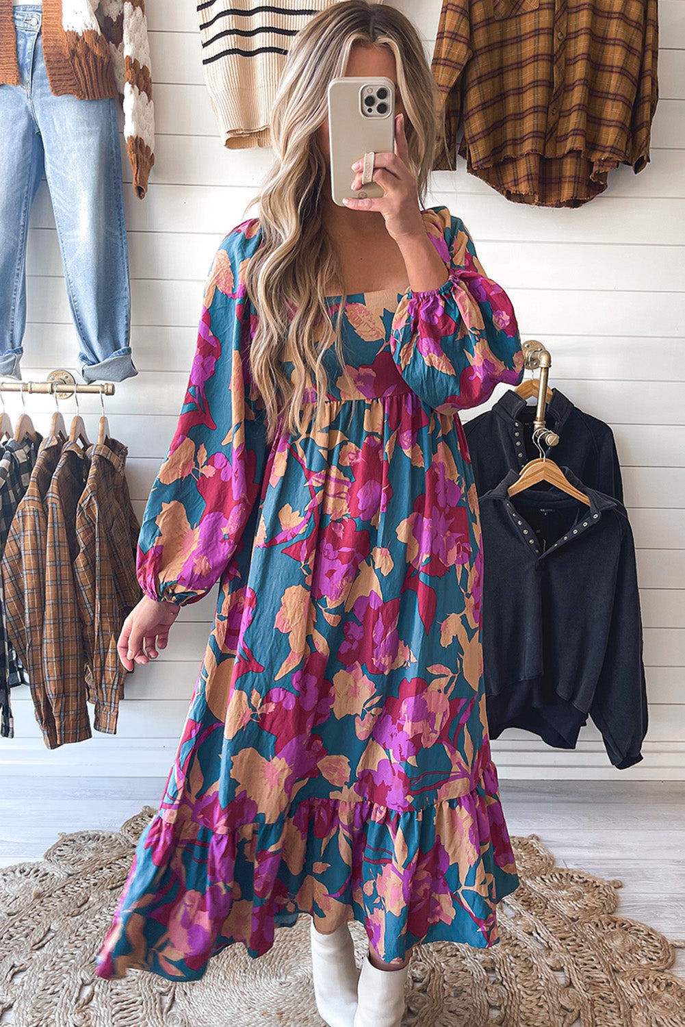 Multicolour Floral Print Square Neck Ruffled High Waist Dress