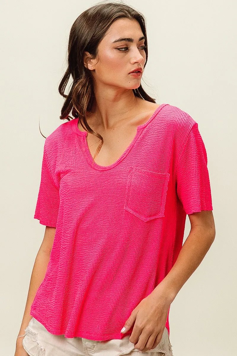 BiBi Waved Rib U Neck Top With Front Pocket - JUST - JEN BOUTIQUE
