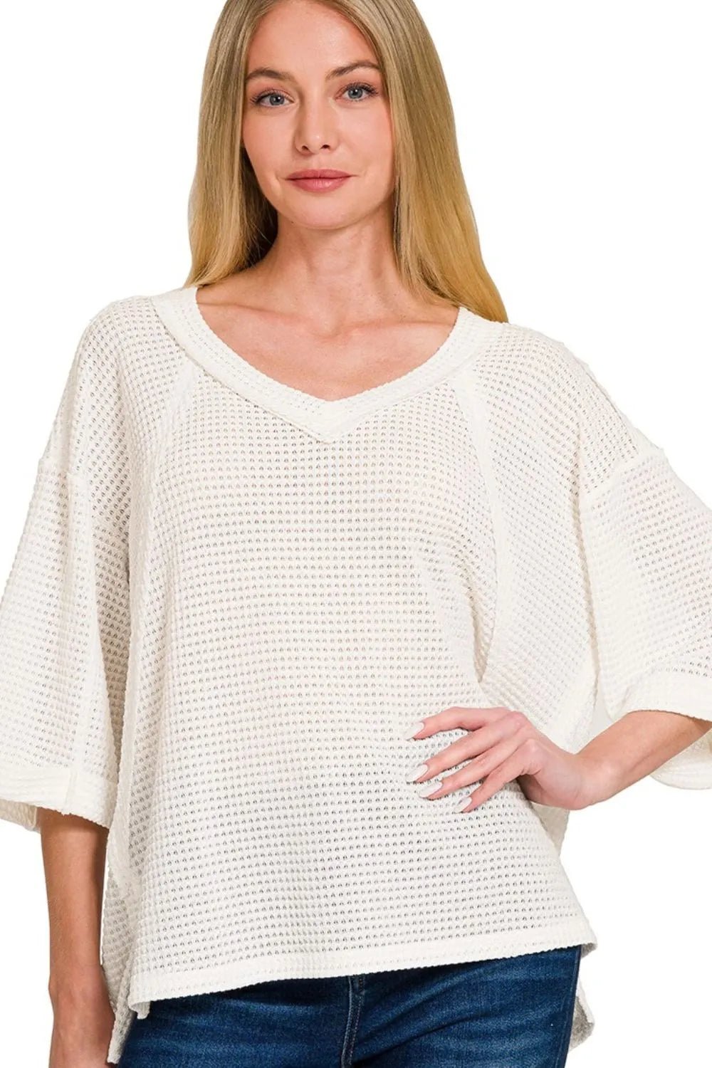 Zenana Brushed Waffle Exposed - seam 3/4 Sleeve Top - JUST - JEN BOUTIQUE