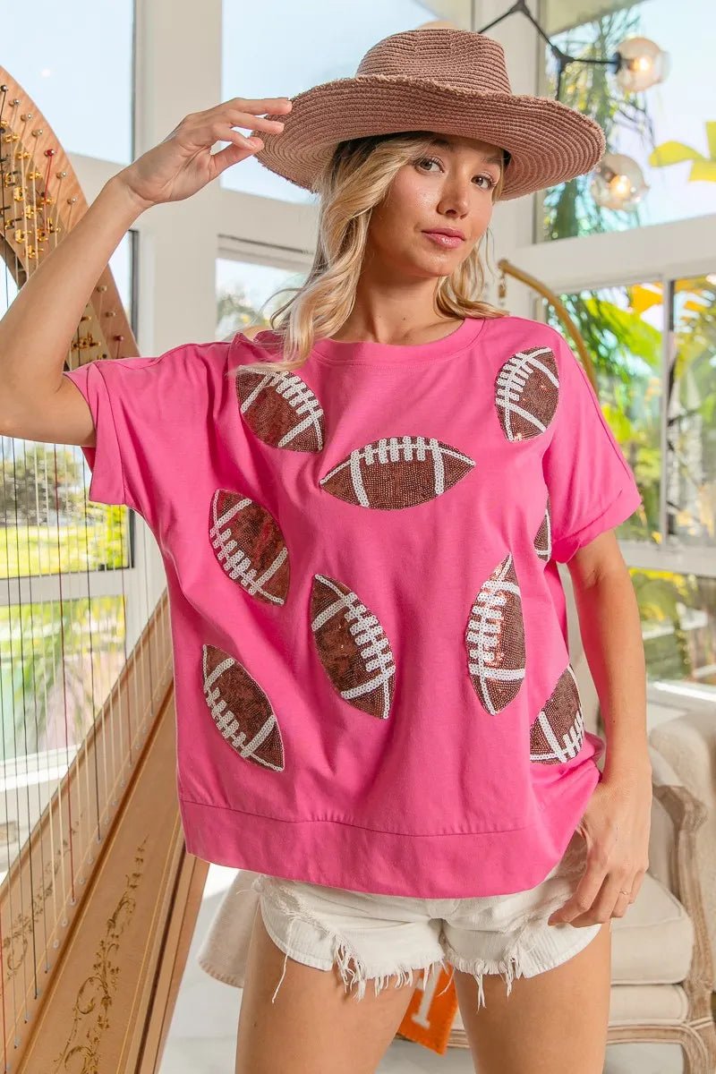 BiBi Game Day Sequins Patched Half Sleeves Top - JUST - JEN BOUTIQUE