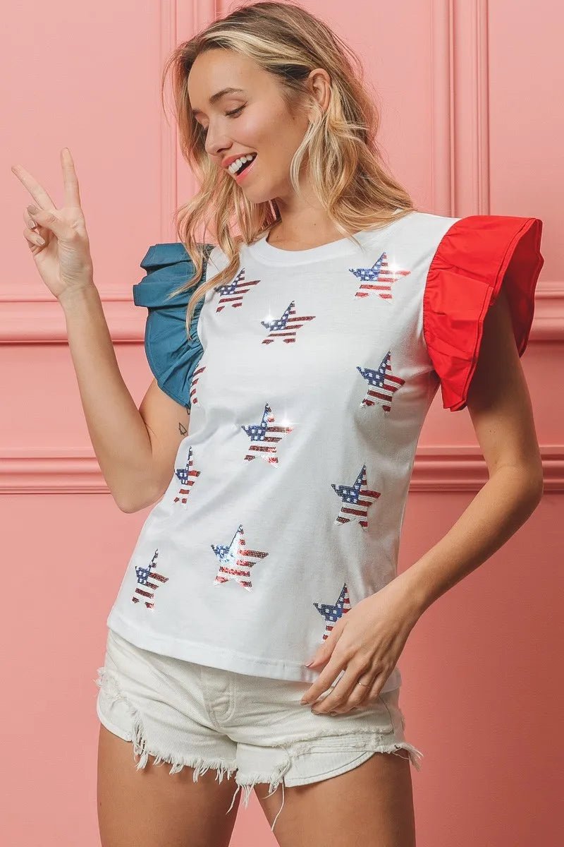 BiBi American Flag Sequin Stars Top - JUST - JEN BOUTIQUE