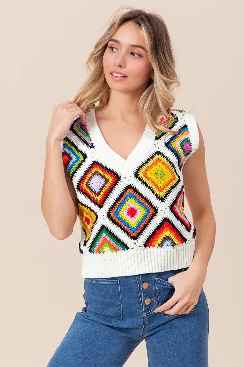 BiBi Diamond Granny Square Sweater Vest - JUST - JEN BOUTIQUE