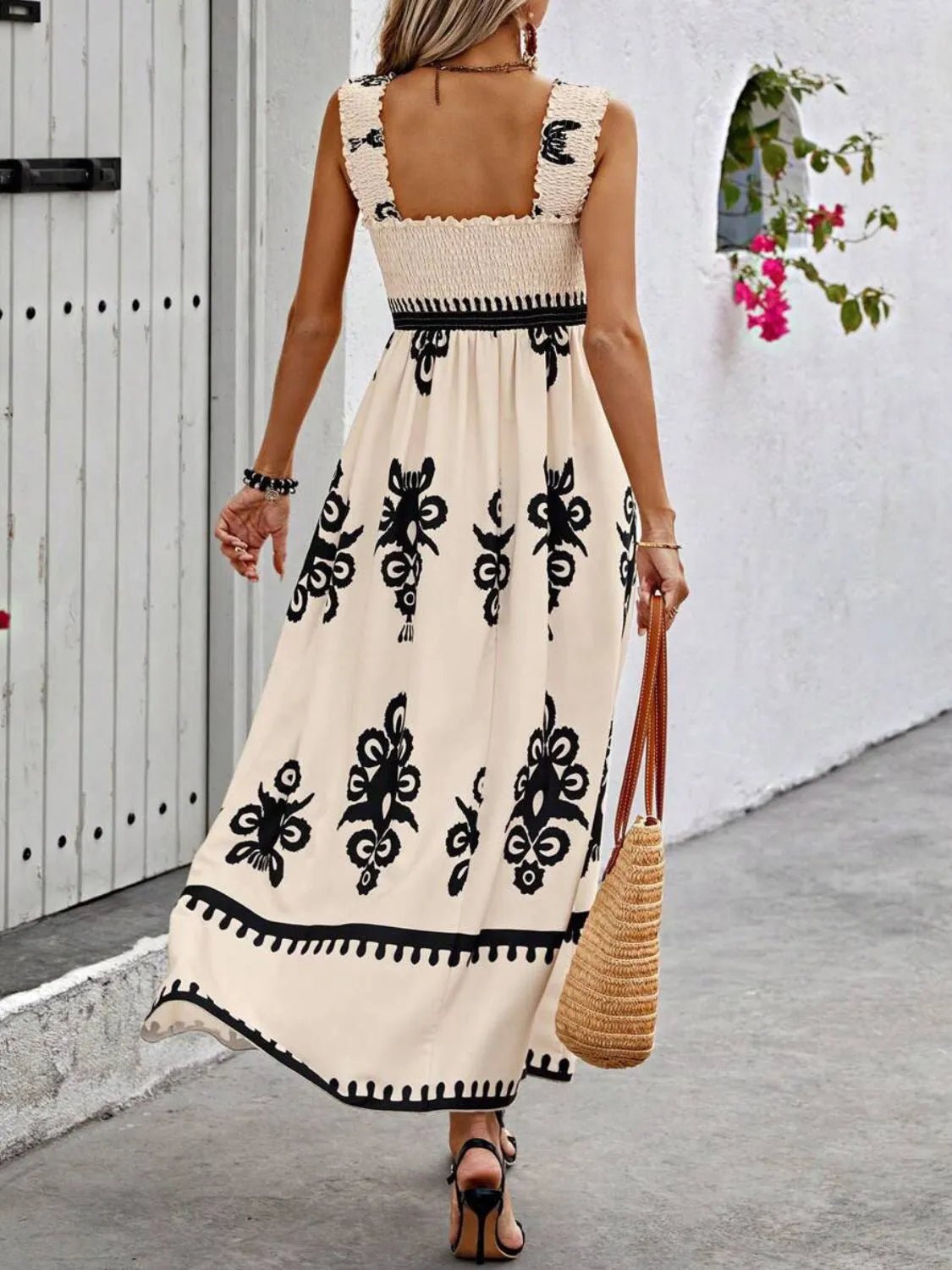 Smocked Printed Wide Strap Maxi Dress - JUST - JEN BOUTIQUE