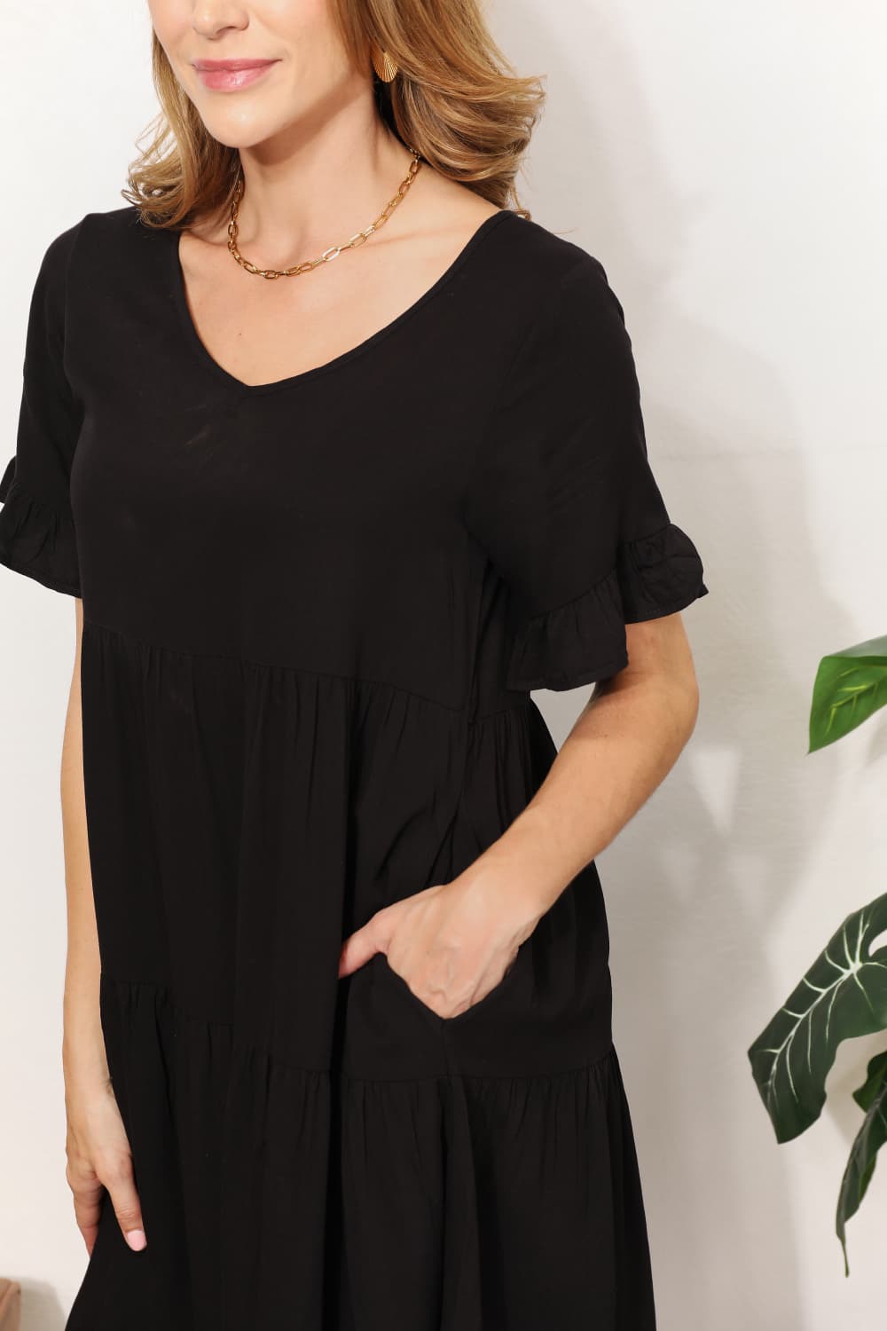 Mandy V - Neck Flounce Sleeve Tiered Dress - JUST - JEN BOUTIQUE