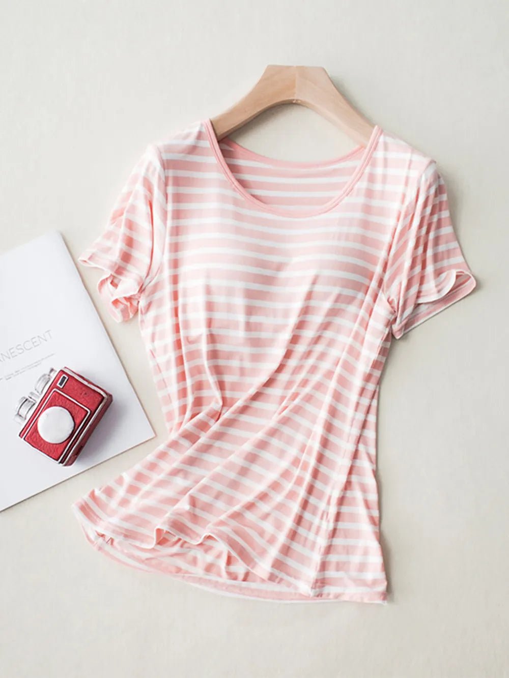 Striped Round Neck Short Sleeve T-Shirt with Bra - JUST - JEN BOUTIQUE