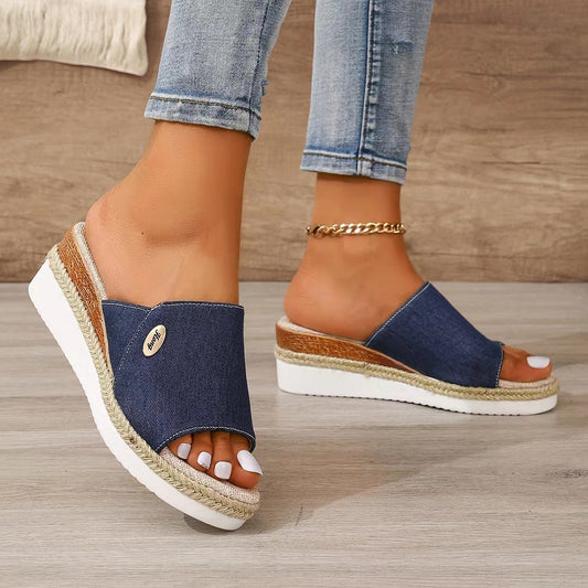 Denim Canvas Wedges Sandals Summer Fashion Hemp High Heel Slippers Outdoor Thick Bottom Fish Mouth Shoes For Women