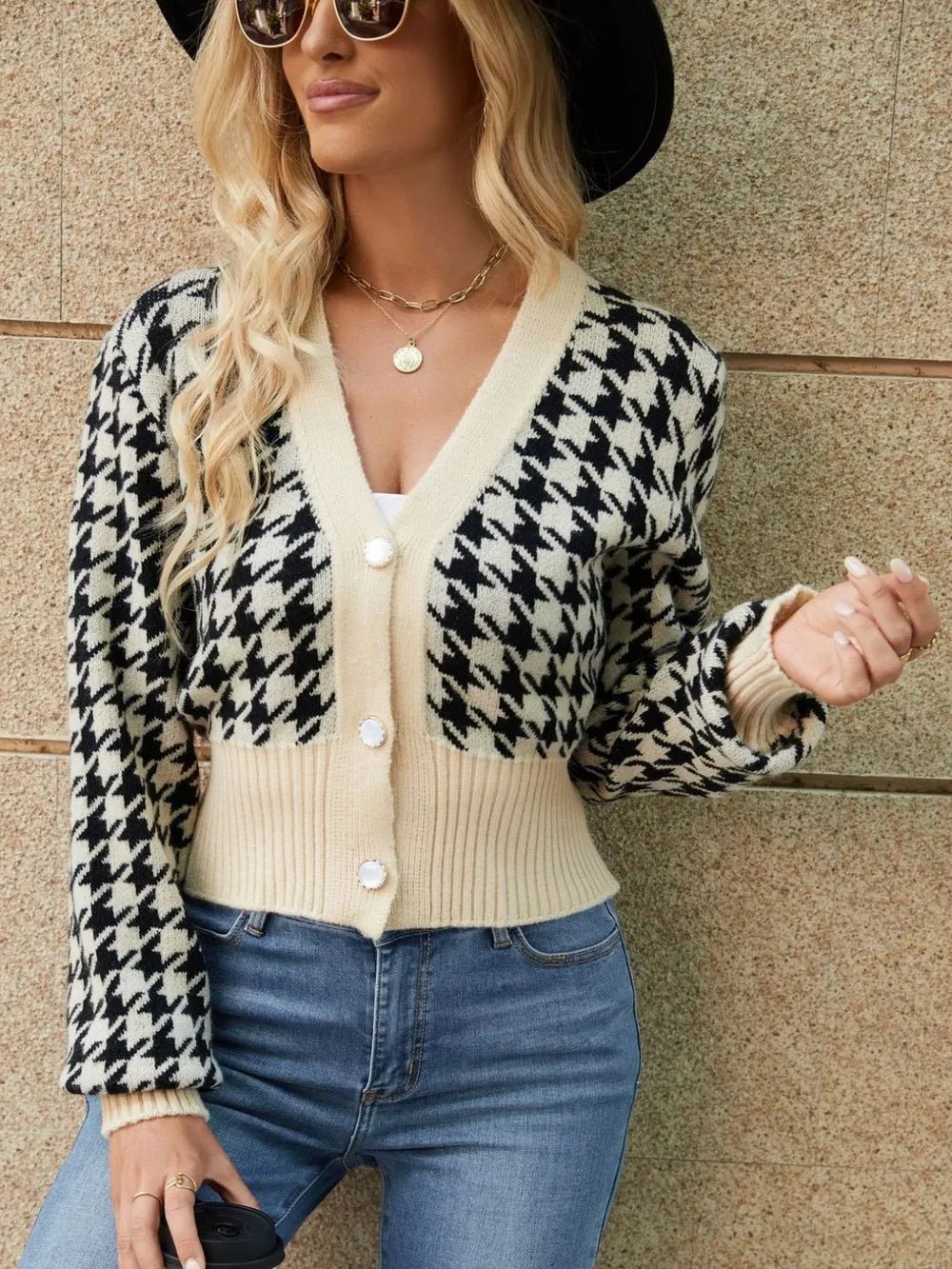 Houndstooth Button Up Long Sleeve Cardigan - JUST - JEN BOUTIQUE