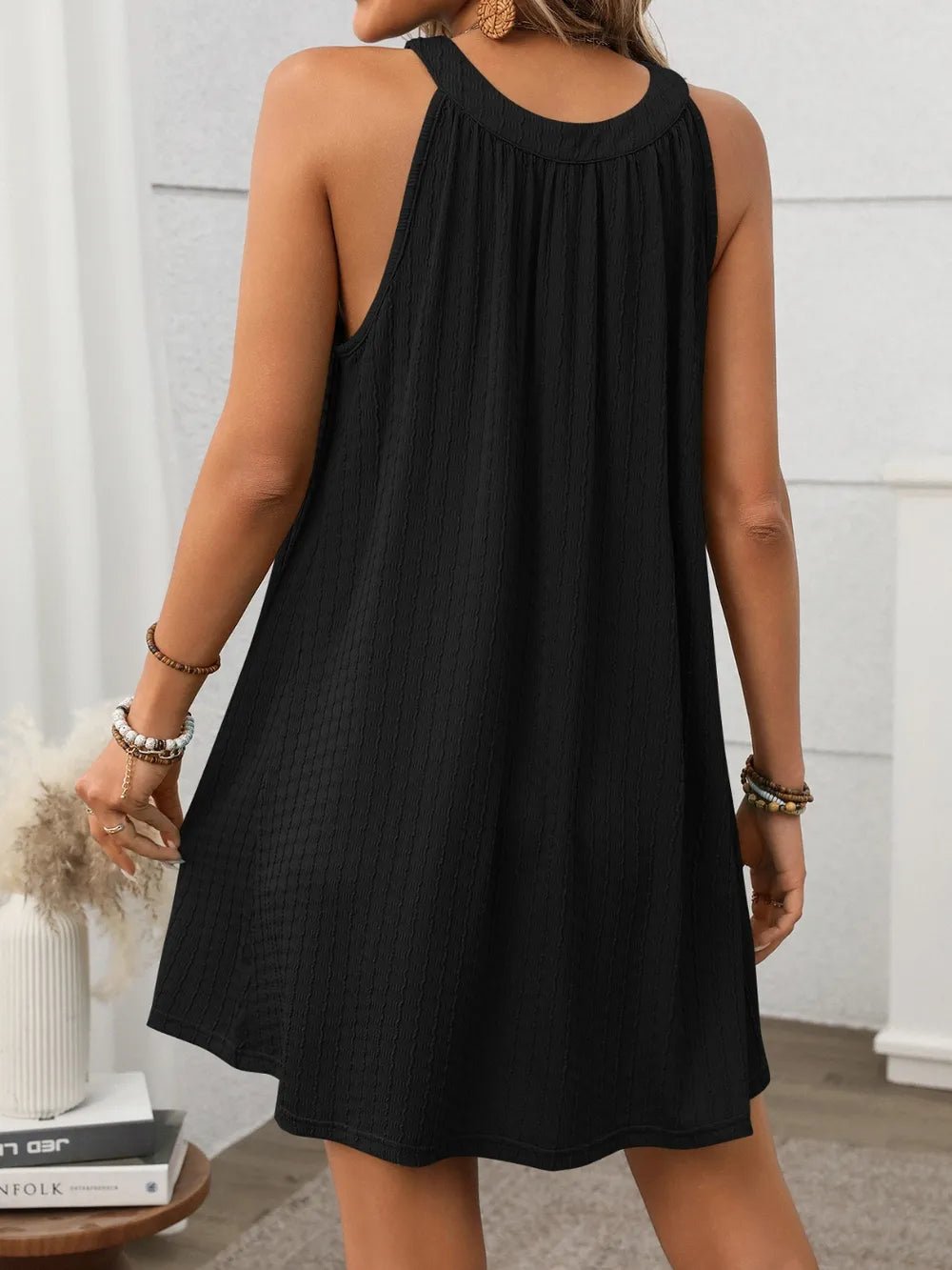 Textured Grecian Neck Mini Dress - JUST - JEN BOUTIQUE