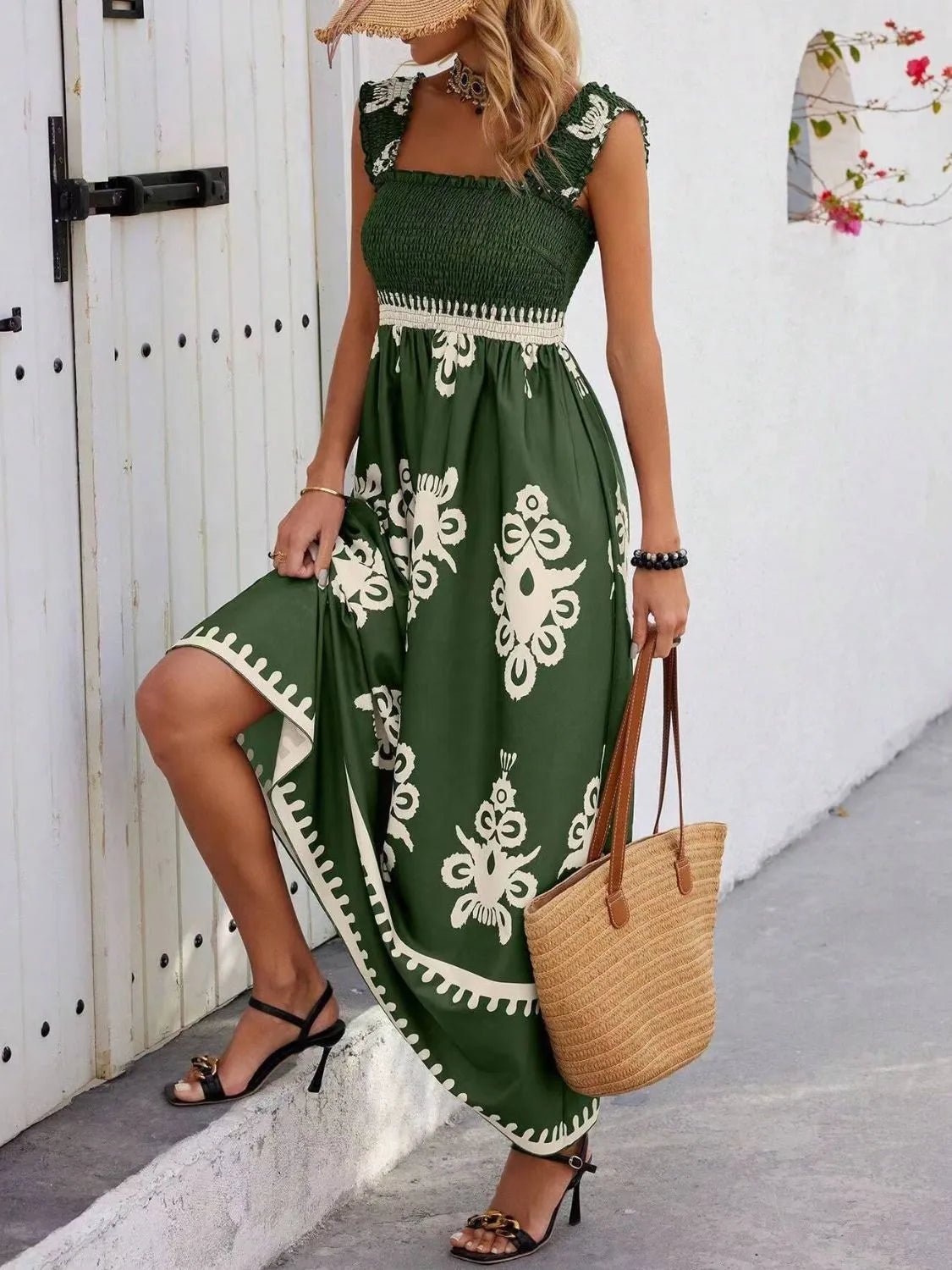 Smocked Printed Wide Strap Maxi Dress - JUST - JEN BOUTIQUE