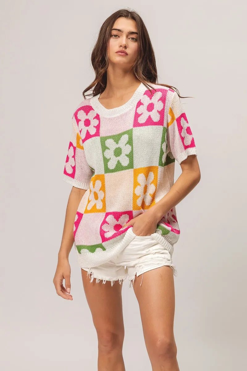 BiBi Flower Checker Pattern Lightweight Sweater Top - JUST - JEN BOUTIQUE