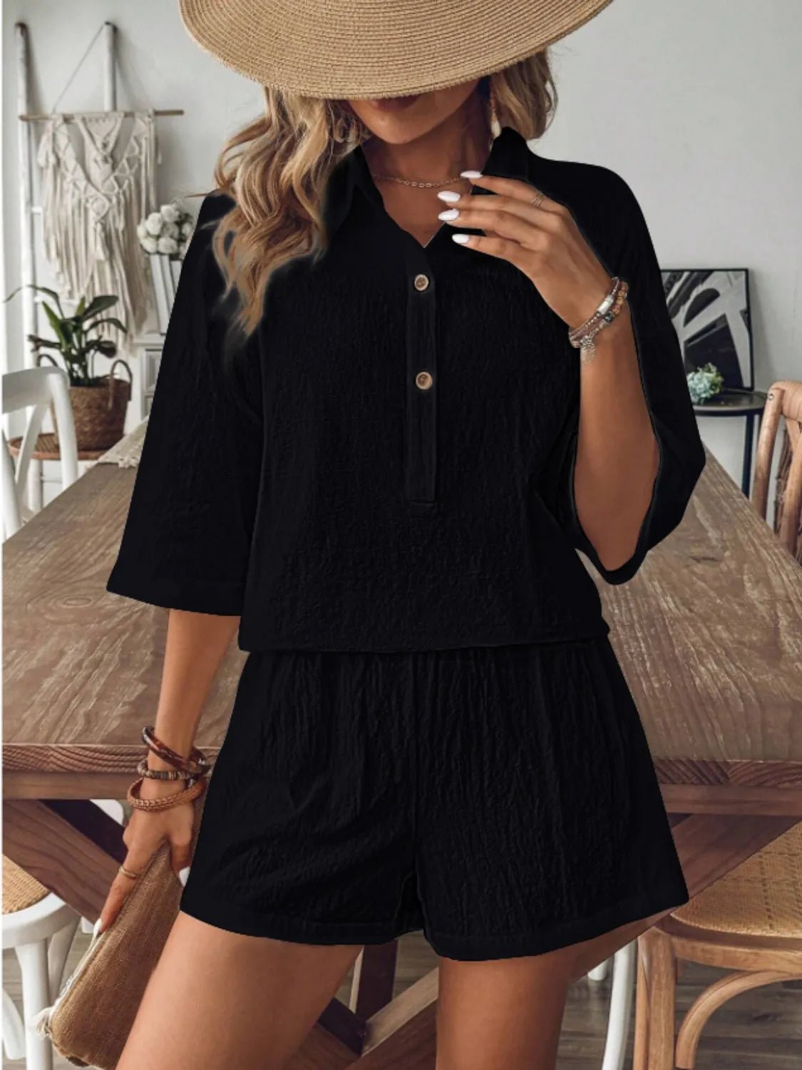 Collared Neck Half Sleeve Top and Shorts Set - JUST - JEN BOUTIQUE