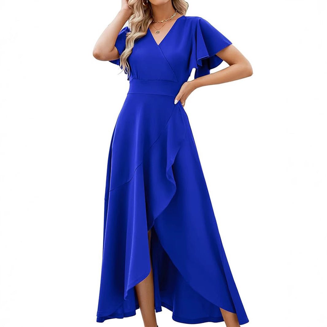 Lotus leaf sleeve V - neck elegant evening gown polyester dress - JUST - JEN BOUTIQUE
