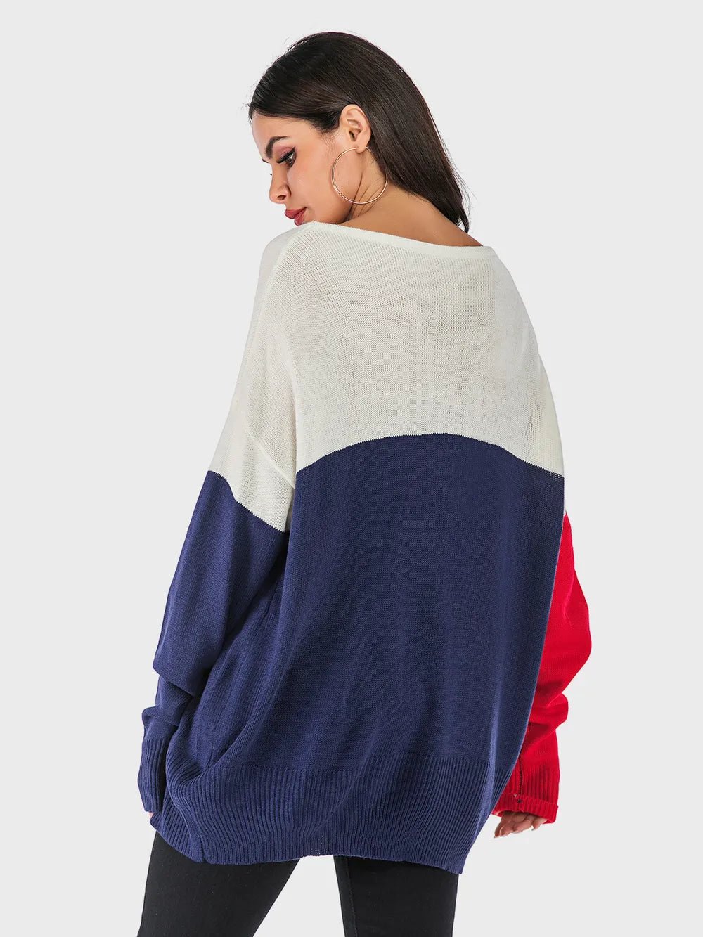 Perfee Contrast V - Neck Long Sleeve Knit Top - JUST - JEN BOUTIQUE