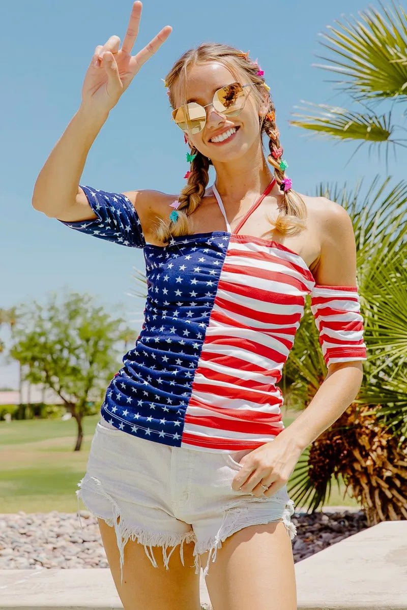 BiBi American Flag Off Shoulder With Front Ruched Top - JUST - JEN BOUTIQUE