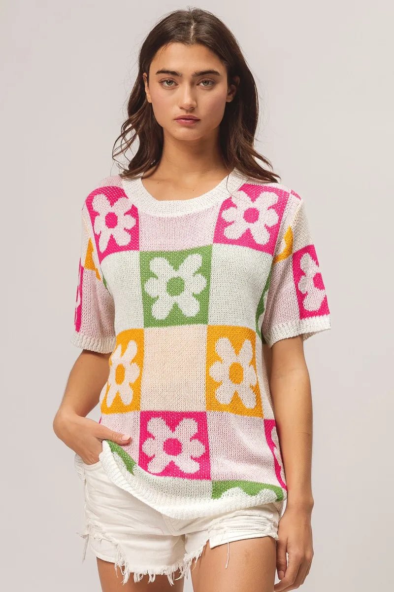 BiBi Flower Checker Pattern Lightweight Sweater Top - JUST - JEN BOUTIQUE