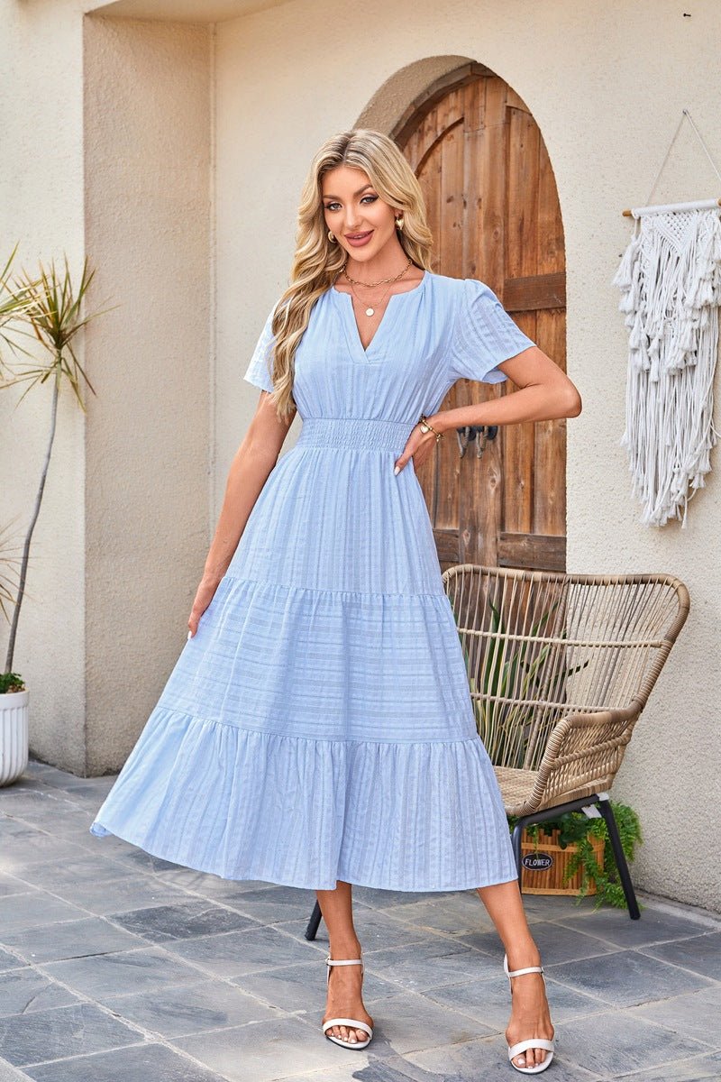 V - neck pleated bubble sleeves large swing short sleeved dress - JUST - JEN BOUTIQUE