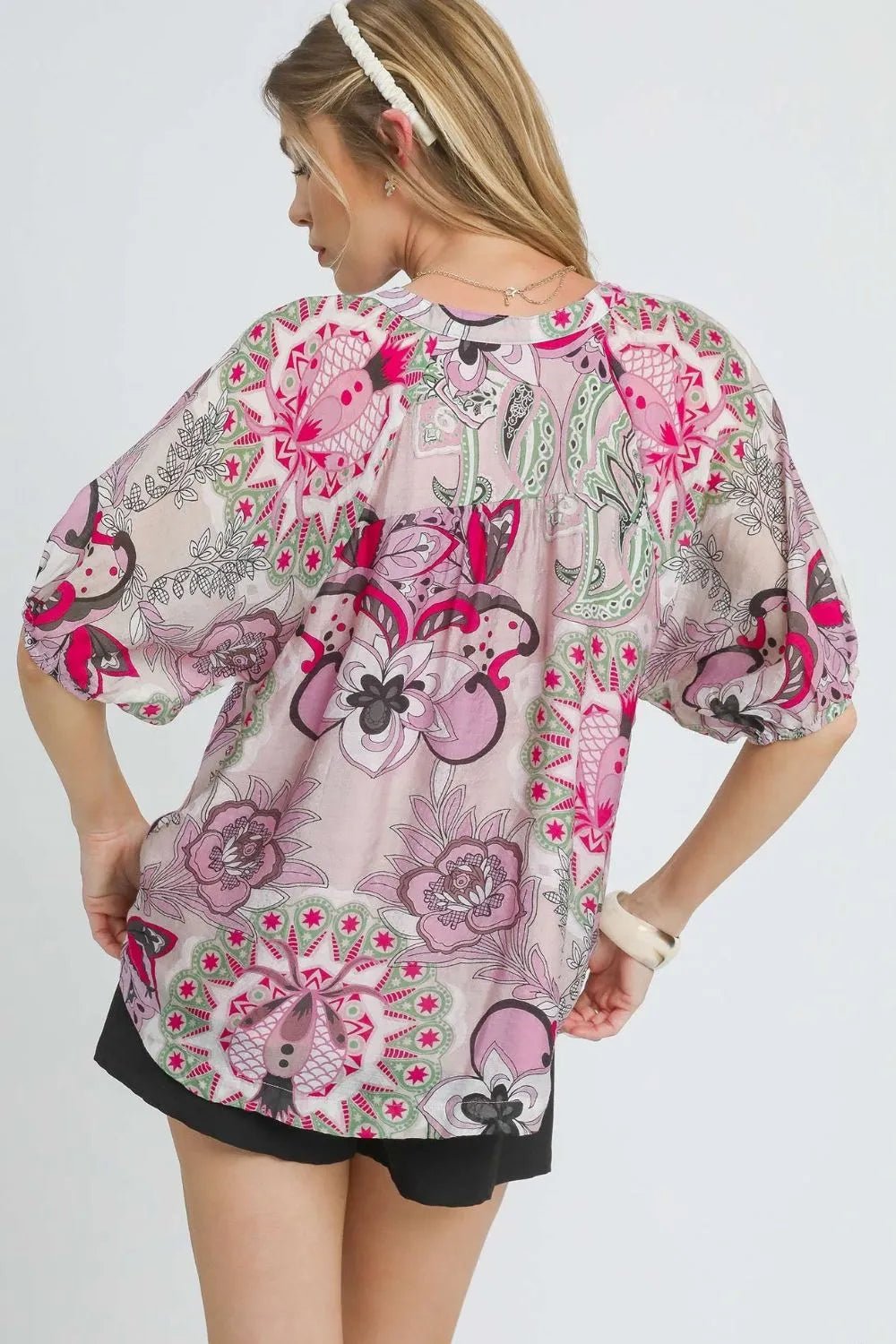 Umgee Floral Print Half Sleeve Blouse - JUST - JEN BOUTIQUE