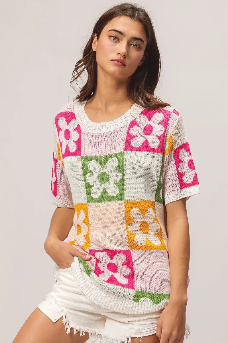 BiBi Flower Checker Pattern Lightweight Sweater Top - JUST - JEN BOUTIQUE
