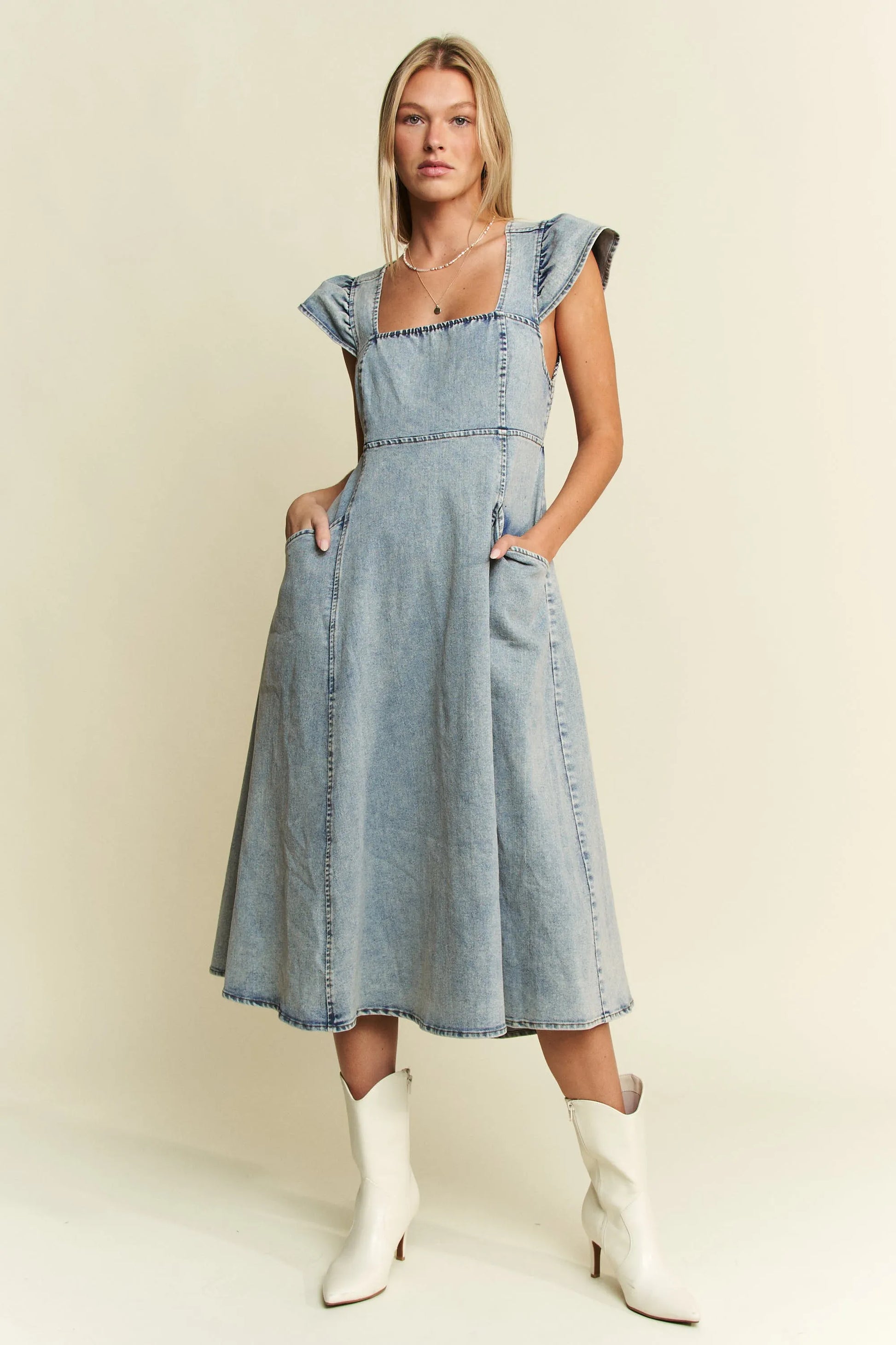 Jade By Jane Full Size Ruffled Denim Midi Dress Plus Size - JUST - JEN BOUTIQUE