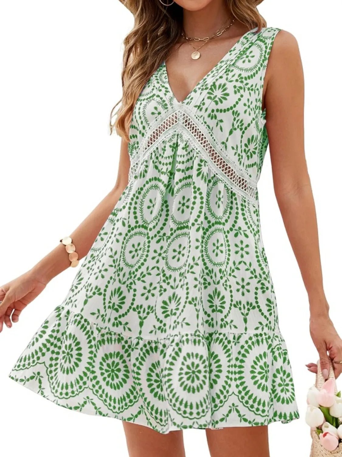 Printed V - Neck Sleeveless Mini Dress - JUST - JEN BOUTIQUE