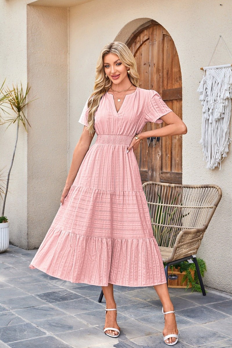 V - neck pleated bubble sleeves large swing short sleeved dress - JUST - JEN BOUTIQUE