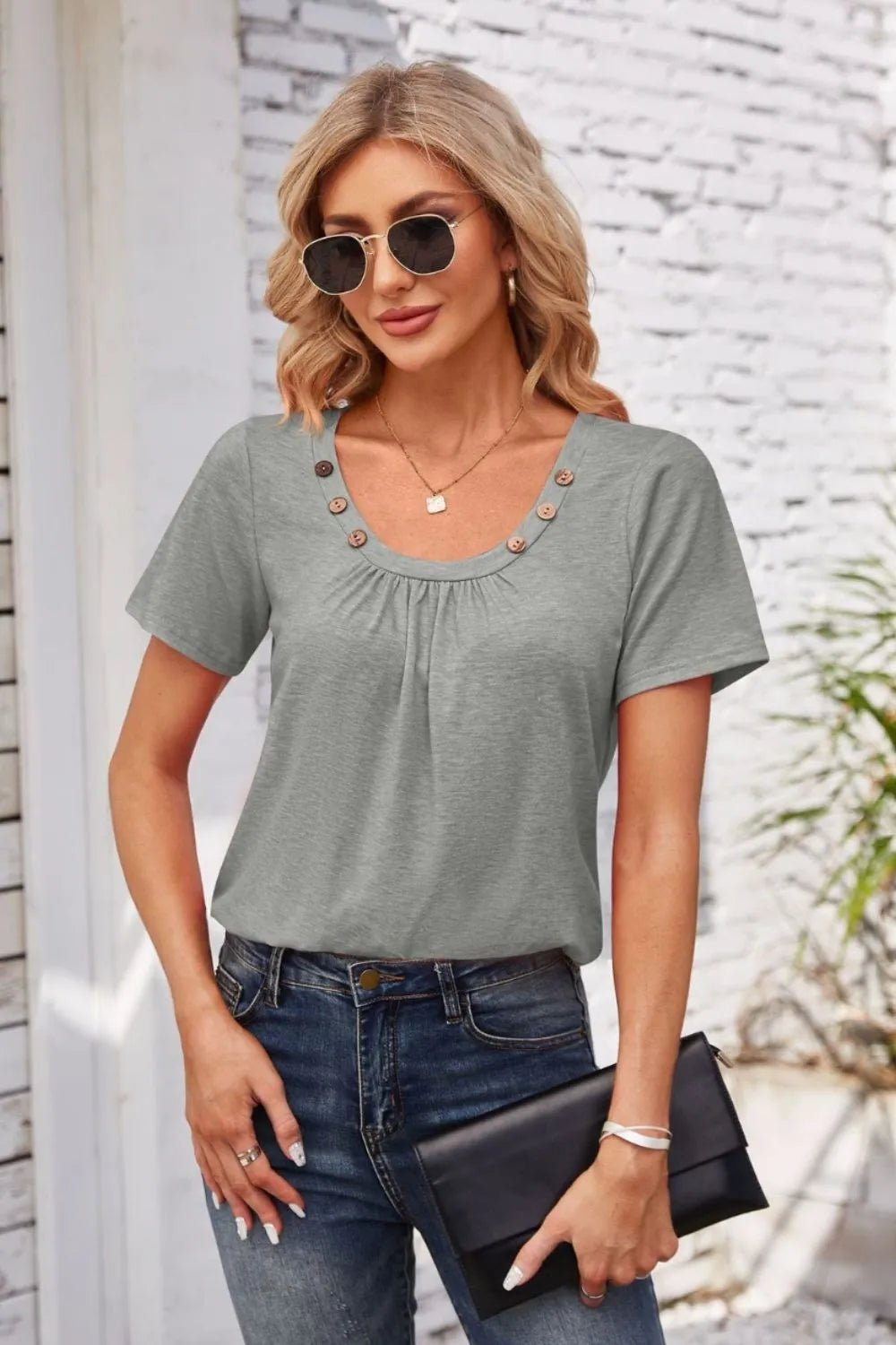 Decorative Button Scoop Neck T-Shirt - JUST - JEN BOUTIQUE