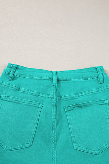 Turquoise Raw Hem Mid Rise Denim Shorts