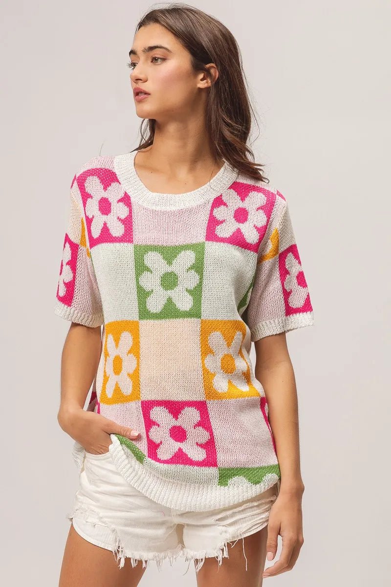BiBi Flower Checker Pattern Lightweight Sweater Top - JUST - JEN BOUTIQUE