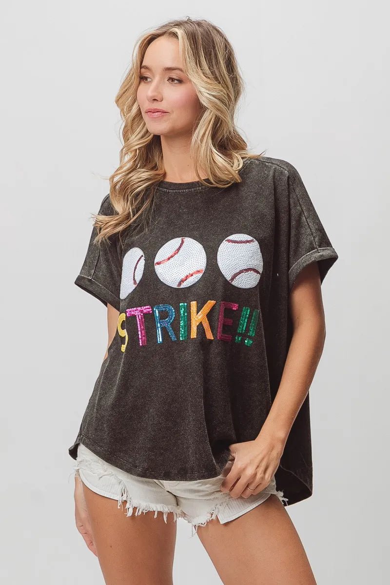 BiBi Sequin Baseballs Strike Washed Short Sleeve Top - JUST - JEN BOUTIQUE