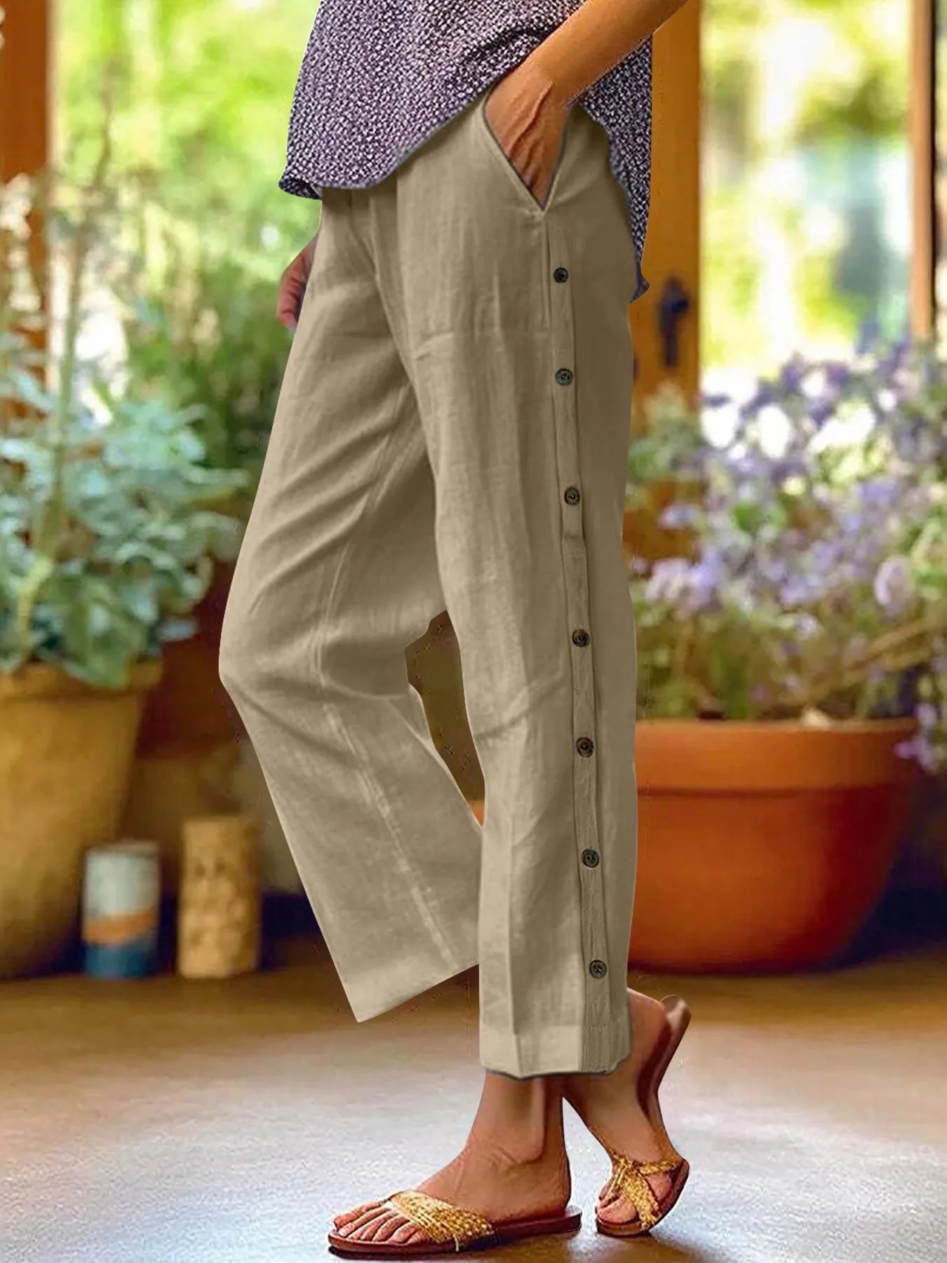 Full Size Side Decor Button Casual Wide Leg Pants Plus Size - JUST - JEN BOUTIQUE