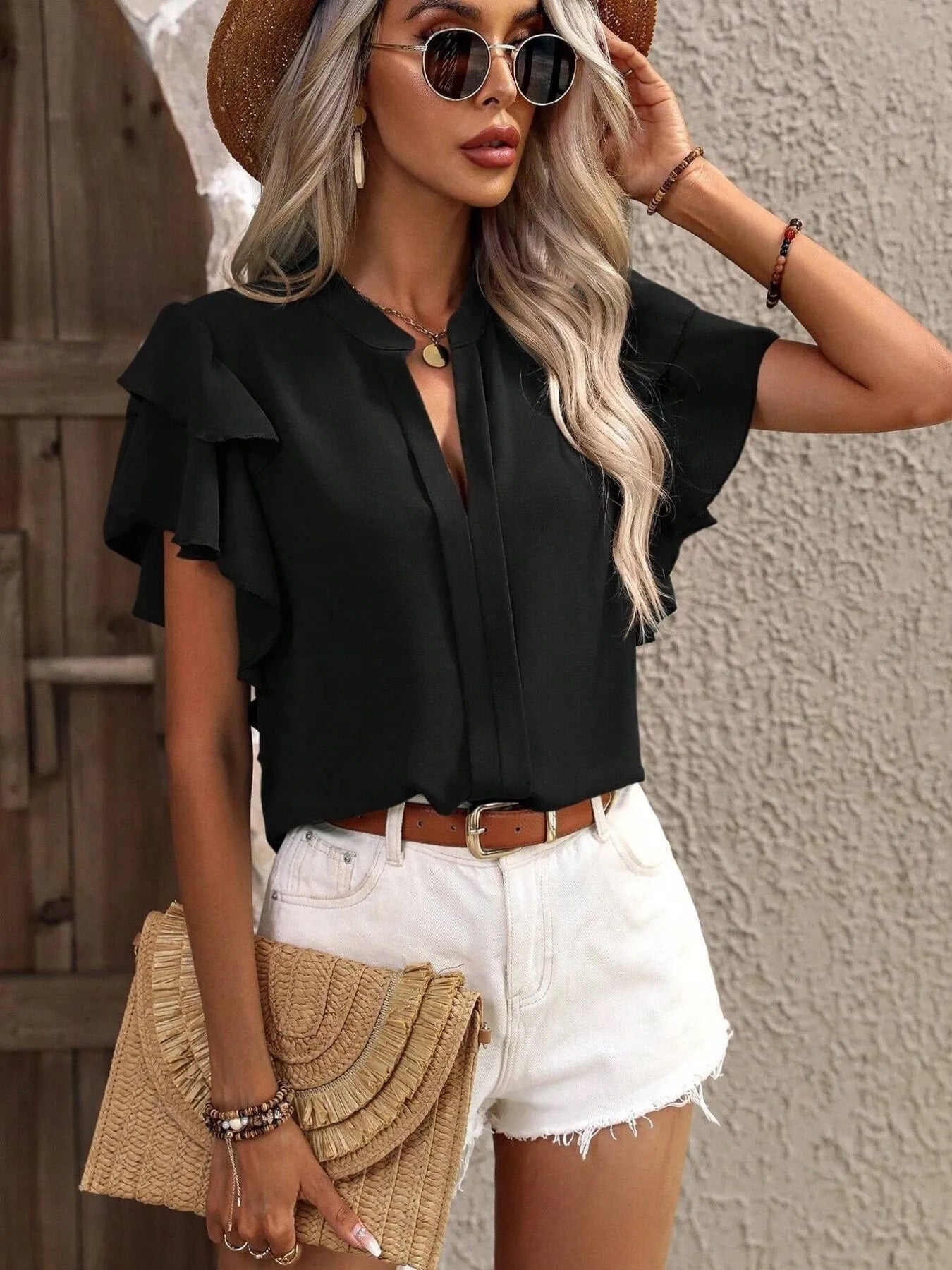 Ruffle Sleeve Notched Blouse - JUST - JEN BOUTIQUE