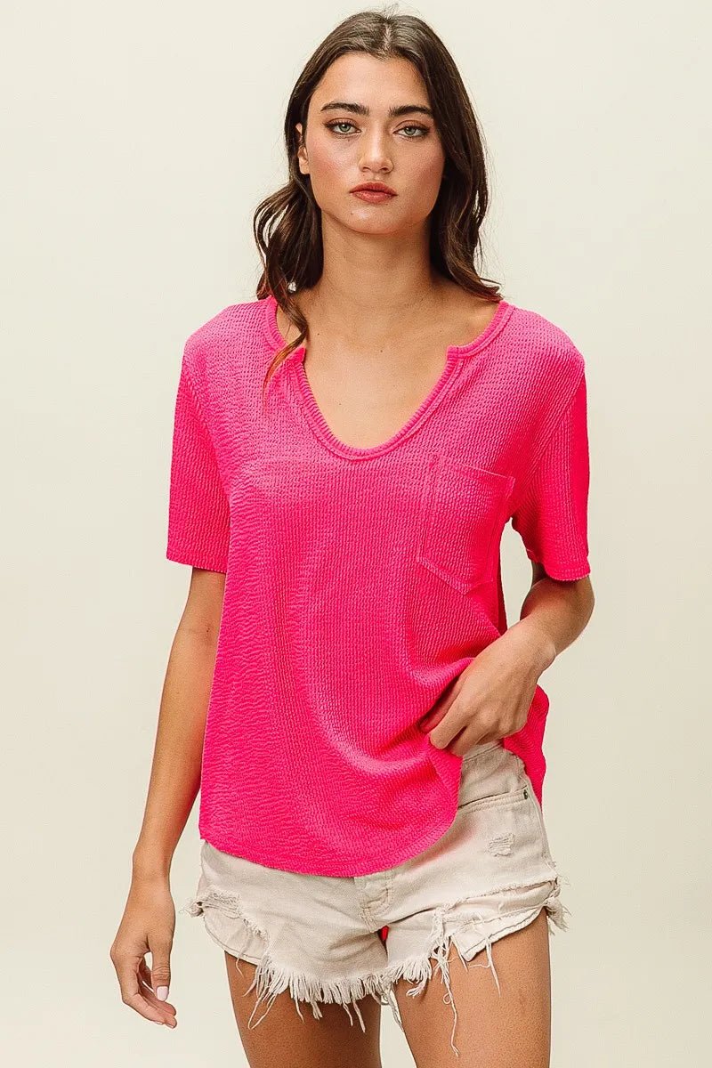 BiBi Waved Rib U Neck Top With Front Pocket - JUST - JEN BOUTIQUE