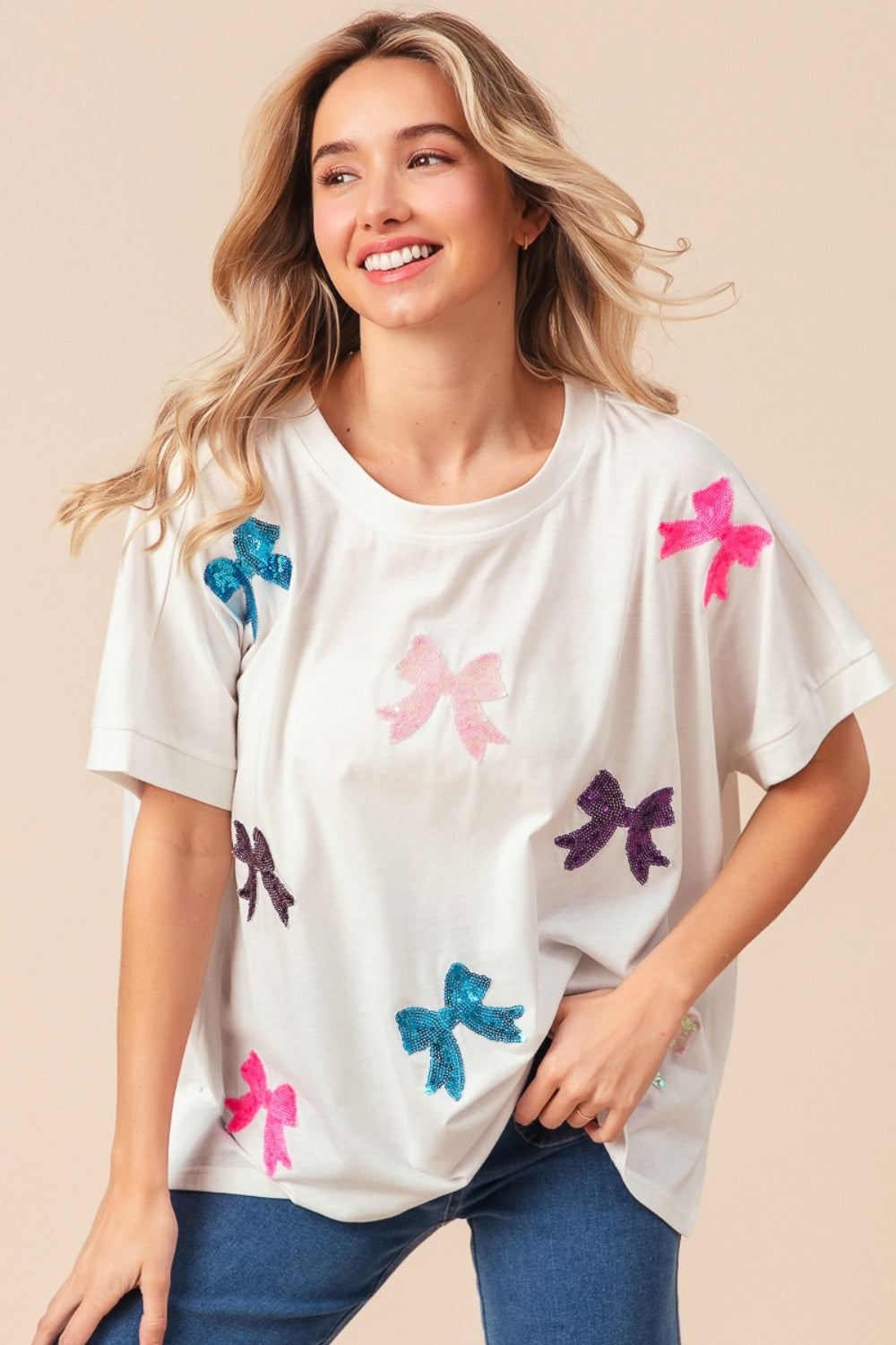 BiBi Sequin Bow Patch Short Sleeve T-Shirt